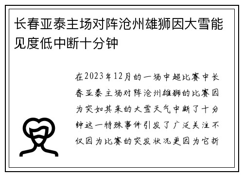 长春亚泰主场对阵沧州雄狮因大雪能见度低中断十分钟 长春亚泰主场对阵沧州雄狮因大雪能见度低中断十分钟